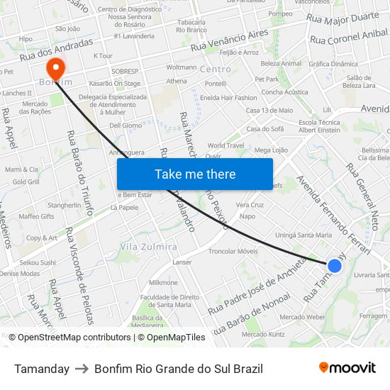 Tamanday to Bonfim Rio Grande do Sul Brazil map