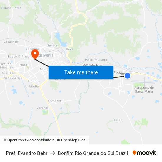 Pref. Evandro Behr to Bonfim Rio Grande do Sul Brazil map