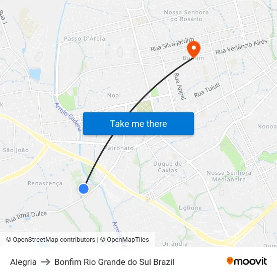 Alegria to Bonfim Rio Grande do Sul Brazil map