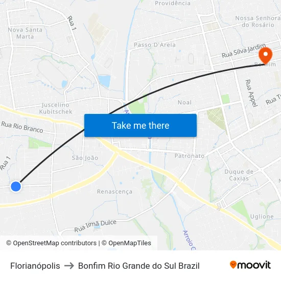 Florianópolis to Bonfim Rio Grande do Sul Brazil map