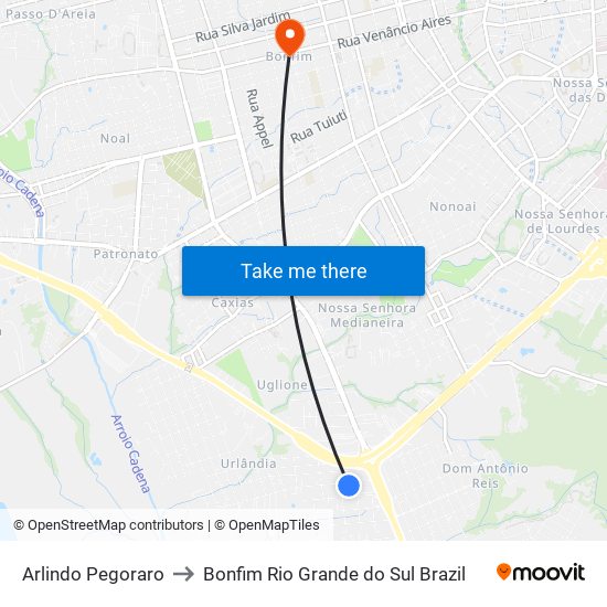 Arlindo Pegoraro to Bonfim Rio Grande do Sul Brazil map