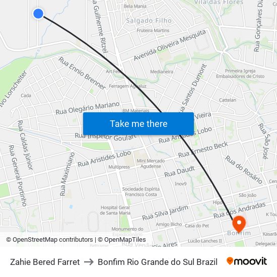 Zahie Bered Farret to Bonfim Rio Grande do Sul Brazil map