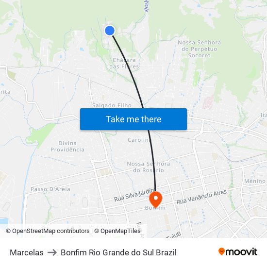 Marcelas to Bonfim Rio Grande do Sul Brazil map