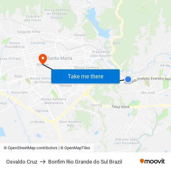 Osvaldo Cruz to Bonfim Rio Grande do Sul Brazil map