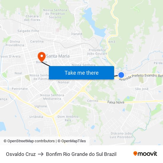 Osvaldo Cruz to Bonfim Rio Grande do Sul Brazil map