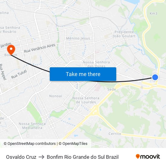 Osvaldo Cruz to Bonfim Rio Grande do Sul Brazil map