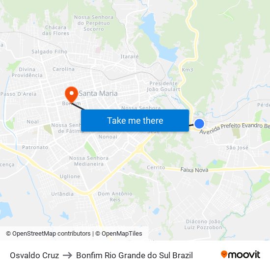 Osvaldo Cruz to Bonfim Rio Grande do Sul Brazil map