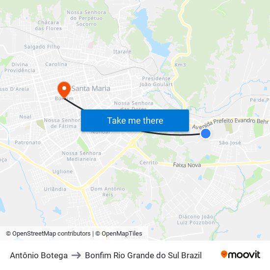 Antônio Botega to Bonfim Rio Grande do Sul Brazil map