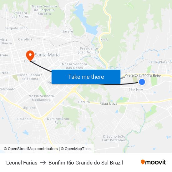 Leonel Farias to Bonfim Rio Grande do Sul Brazil map