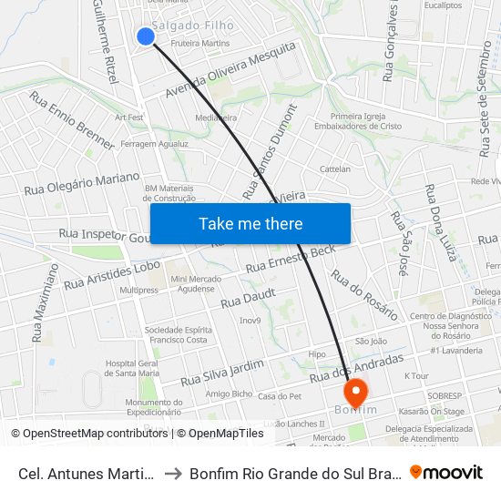 Cel. Antunes Martins to Bonfim Rio Grande do Sul Brazil map