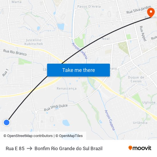 Rua E 85 to Bonfim Rio Grande do Sul Brazil map