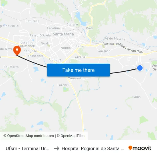 Ufsm - Terminal Urbano to Hospital Regional de Santa Maria map