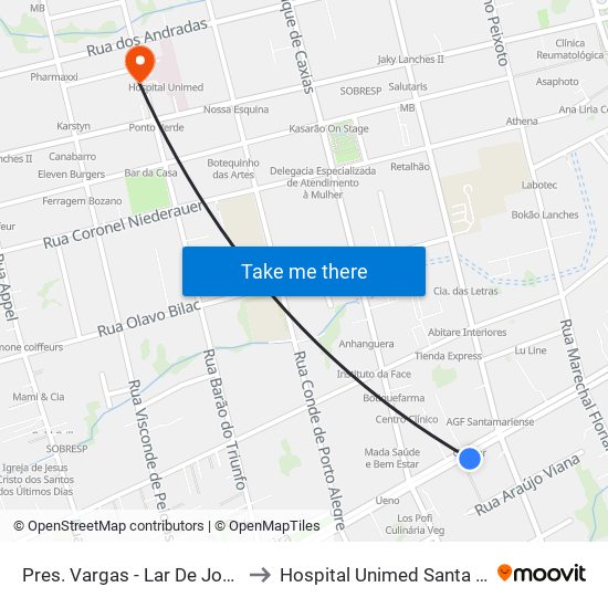 Pres. Vargas - Lar De Joaquina to Hospital Unimed Santa Maria map