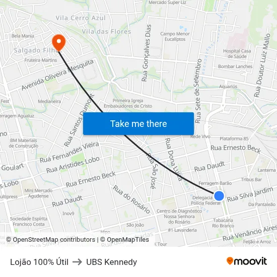 Lojão 100% Útil to UBS Kennedy map