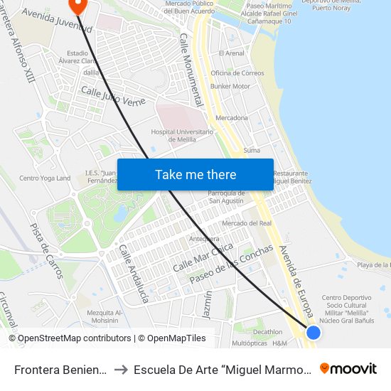 Frontera Benienzar to Escuela De Arte “Miguel Marmolejo” map
