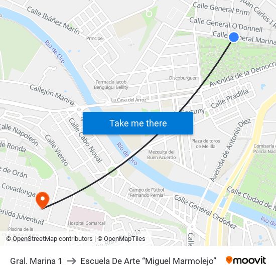 Gral. Marina 1 to Escuela De Arte “Miguel Marmolejo” map