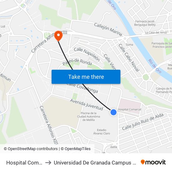 Hospital Comarcal to Universidad De Granada Campus De Melilla map