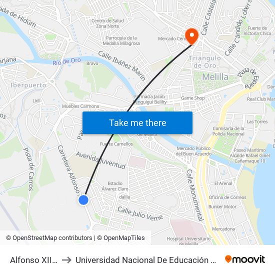 Alfonso XIII Base Militar to Universidad Nacional De Educación A Distancia (Uned) - Centro De Melilla map