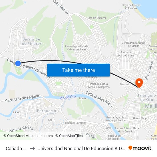 Cañada De Hidúm to Universidad Nacional De Educación A Distancia (Uned) - Centro De Melilla map