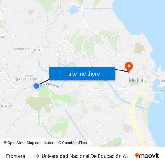 Frontera De Farhana to Universidad Nacional De Educación A Distancia (Uned) - Centro De Melilla map