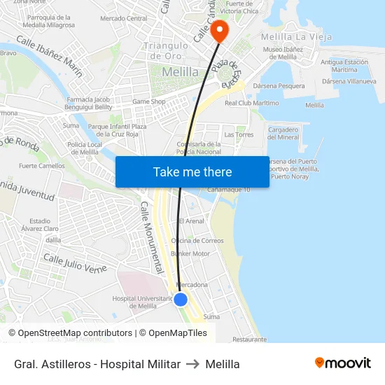 Gral. Astilleros - Hospital Militar to Melilla map