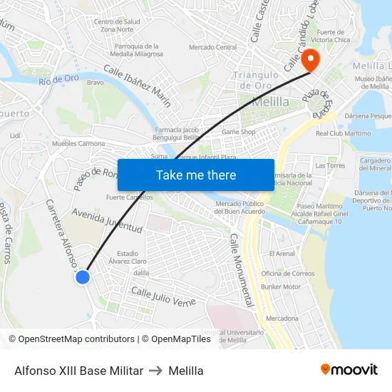 Alfonso XIII Base Militar to Melilla map
