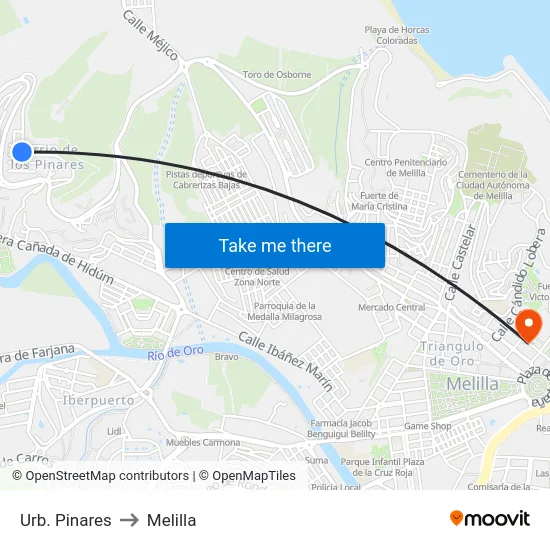 Urb. Pinares to Melilla map