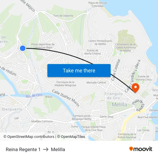Reina Regente 1 to Melilla map