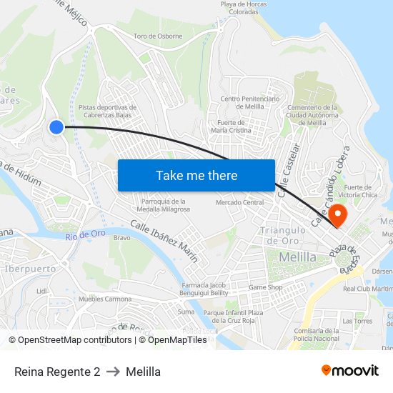 Reina Regente 2 to Melilla map