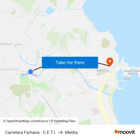 Carretera Farhana - C.E.T.I. to Melilla map