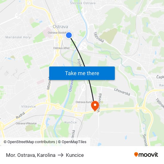 Mor. Ostrava, Karolina to Kuncice map