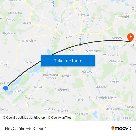 Nový Jičín to Karviná map