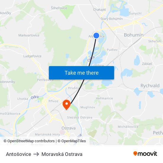 Antošovice to Moravská Ostrava map