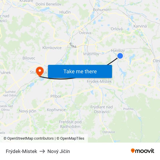 Frýdek-Místek to Nový Jičín map