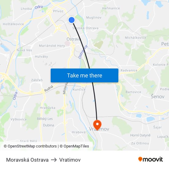 Moravská Ostrava to Vratimov map