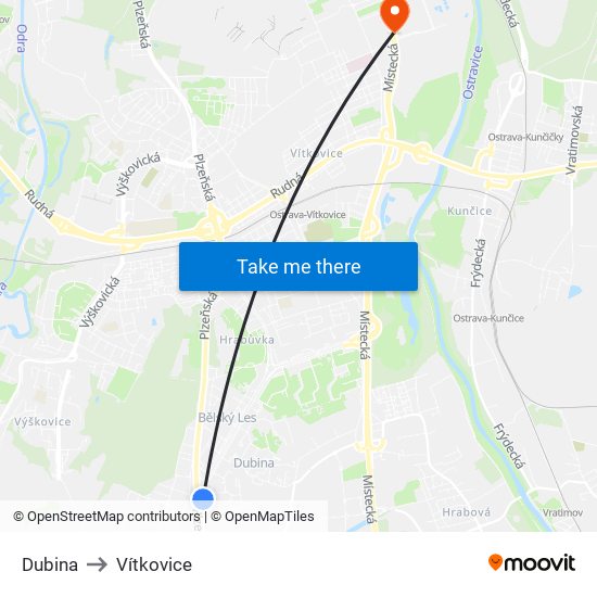 Dubina to Vítkovice map