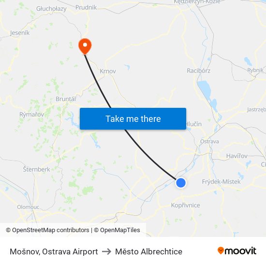 Mošnov, Ostrava Airport to Město Albrechtice map