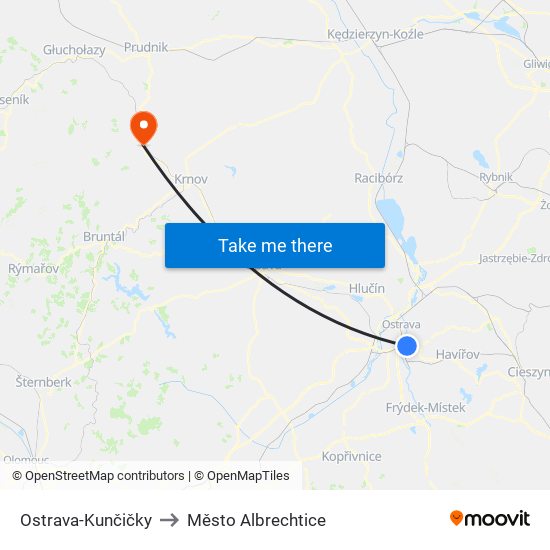 Ostrava-Kunčičky to Město Albrechtice map