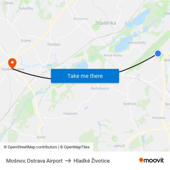 Mošnov, Ostrava Airport to Hladké Životice map