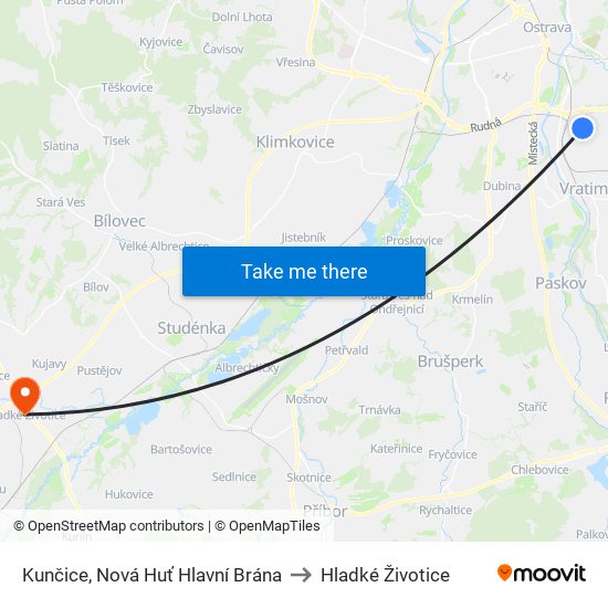 Kunčice, Nová Huť Hlavní Brána to Hladké Životice map