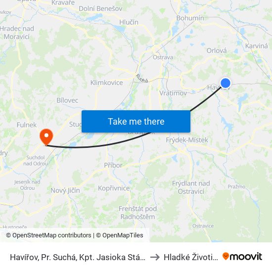 Havířov, Pr. Suchá, Kpt. Jasioka Stánek to Hladké Životice map