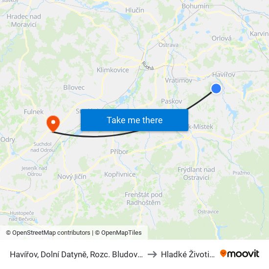 Havířov, Dolní Datyně, Rozc. Bludovice to Hladké Životice map