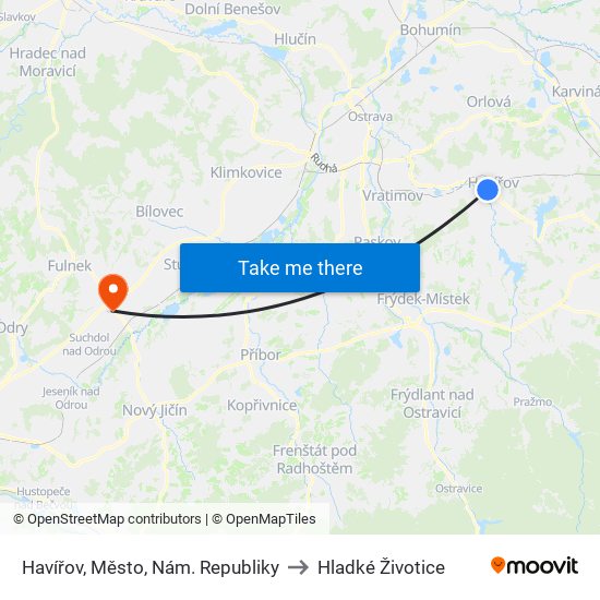 Havířov, Město, Nám. Republiky to Hladké Životice map