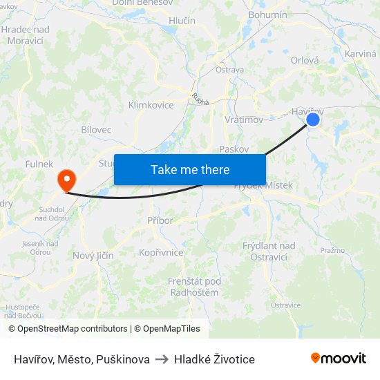 Havířov, Město, Puškinova to Hladké Životice map