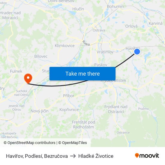 Havířov, Podlesí, Bezručova to Hladké Životice map