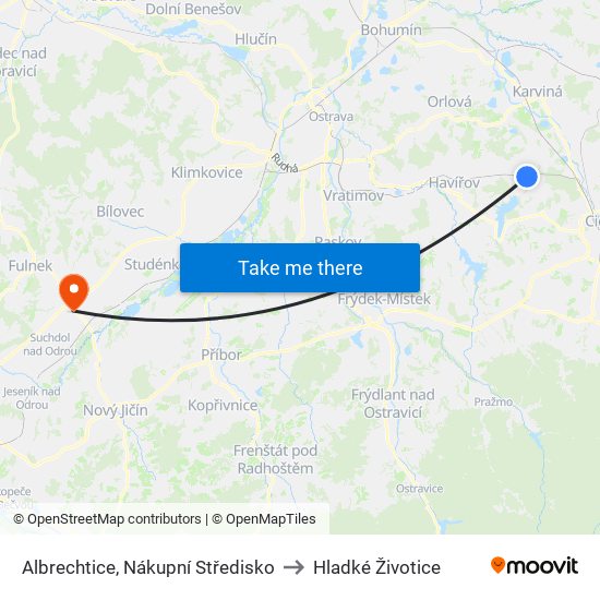 Albrechtice, Nákupní Středisko to Hladké Životice map