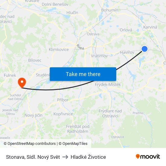 Stonava, Sídl. Nový Svět to Hladké Životice map