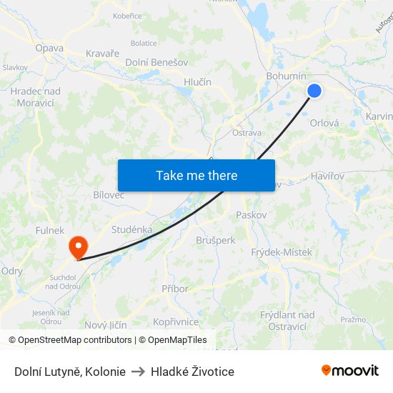 Dolní Lutyně, Kolonie to Hladké Životice map