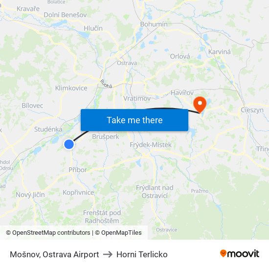 Mošnov, Ostrava Airport to Horni Terlicko map
