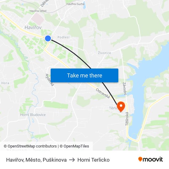 Havířov, Město, Puškinova to Horni Terlicko map